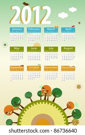 Vector - Calendar 2012 environmental retro planet with trees,birds,flowers and clouds.
