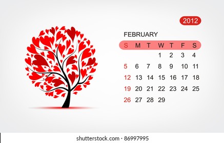 Vector calendar 2012, february. Art tree design