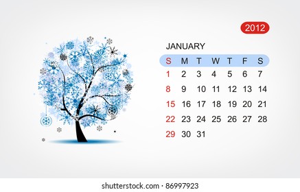 Vector calendar 2012, january. Art tree design