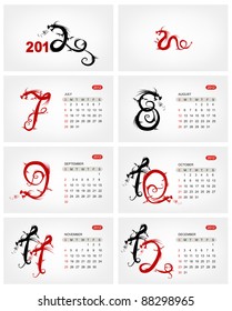 Vector calendar 2012, july. Dragons