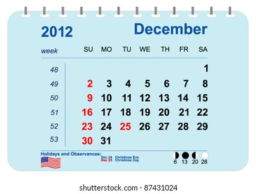 Vector Calendar of 2012 with phases of the Moon, numbering of weeks and holidays of the USA. December.