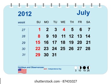 Vector Calendar of 2012 with phases of the Moon, numbering of weeks and holidays of the USA. July.