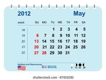 Vector Calendar of 2012 with phases of the Moon, numbering of weeks and holidays of the USA.May.