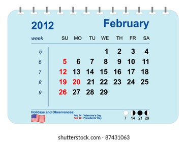 Vector Calendar of 2012 with phases of the Moon, numbering of weeks and holidays of the USA. February.