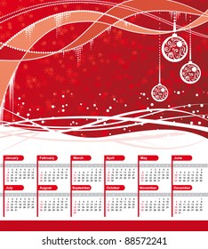 Vector Calendar 2012. Red wave background with christmas balls