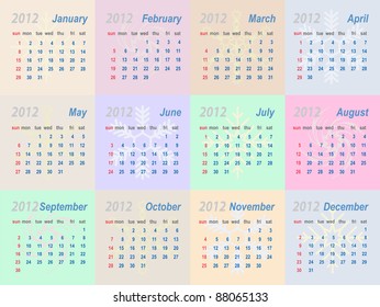 Vector calendar 2012 (week starts on Sunday)
