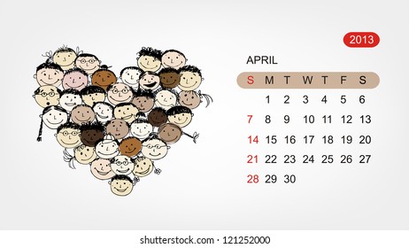 Vector calendar 2013, april. Art heart design
