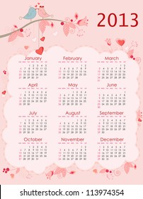 Vector calendar for 2013 with birds on a pink background