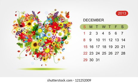 Vector calendar 2013, december. Art heart design