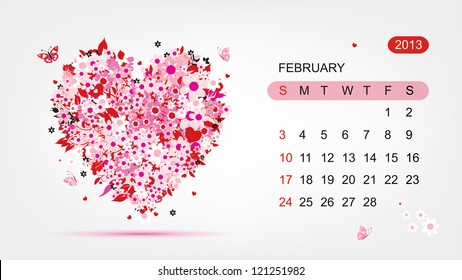 Vector calendar 2013, february. Art heart design