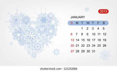 Vector calendar 2013, january. Art heart design