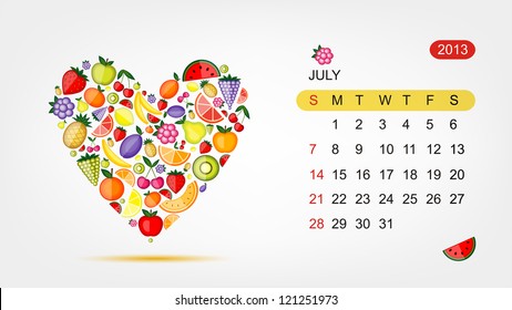 Vector calendar 2013, july. Art heart design