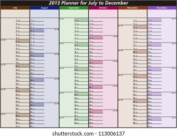 Vector calendar for 2013. July to December.
