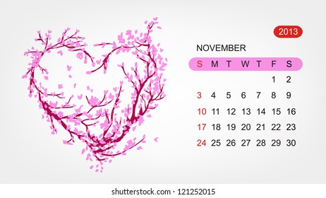 Vector calendar 2013, november. Art heart design