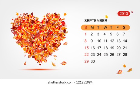 Vector calendar 2013, september. Art heart design