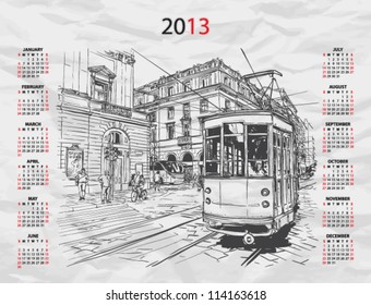 Vector calendar 2013 with train illustration.