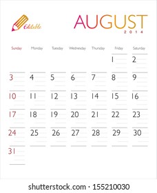 Vector Calendar 14 August Stock Vector Royalty Free