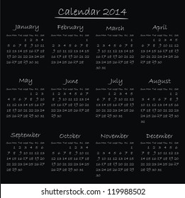 VECTOR - Calendar 2014 ( Chalk Hand Writing on Black Board )