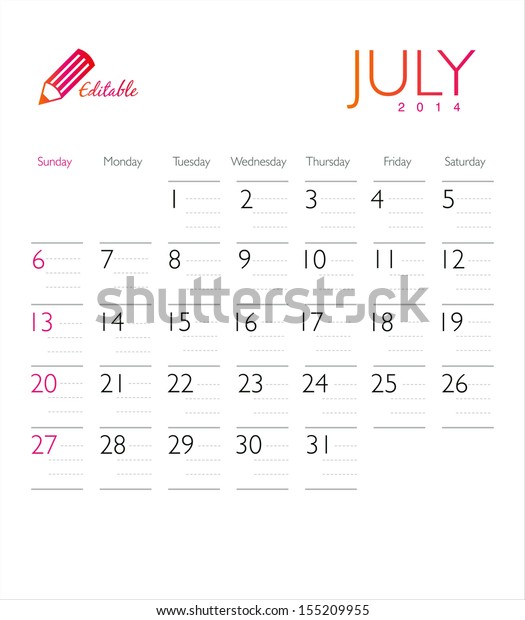 Vector Calendar 14 July Stock Vector Royalty Free