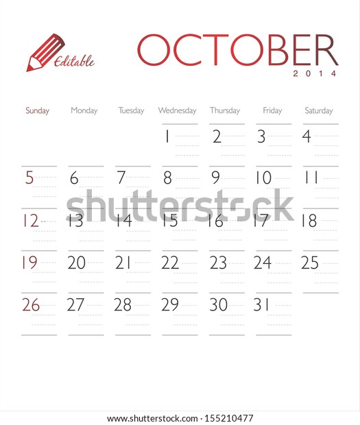 Vector Calendar 2014 October Stock Vector Royalty Free 155210477