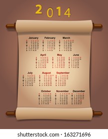 Vector calendar 2014 on the scroll of old paper