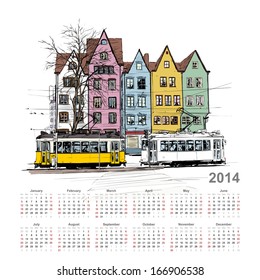 Vector calendar 2014 with train illustration.