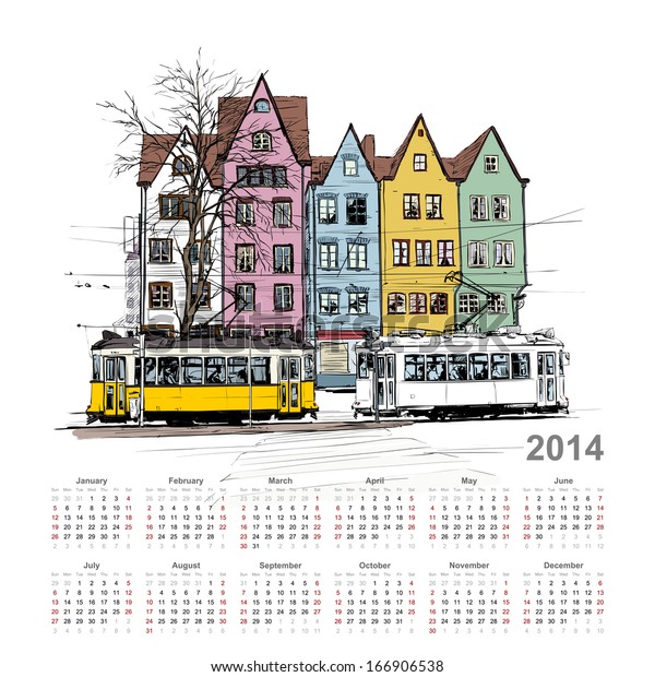 Vector calendar\
2014 with train\
illustration.