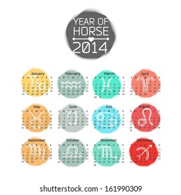Vector calendar for 2014 year with horoscope symbols. Weeks begin on Sundays.