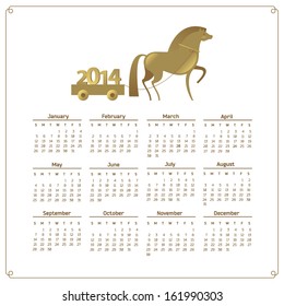 Vector calendar for 2014 year with a Horse sign. Weeks begin on Sundays.