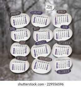Vector calendar 2015 design, English, Sunday start. Realistic Blurred Winter Landscape Background