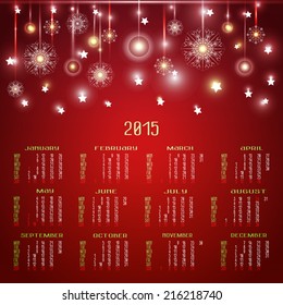 Vector calendar for 2015. Happy New Year. Christmas background with snowflakes and Christmas trees. llustration template design - calendar of 2015 with holidays icons. Calendar paper design