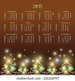 Vector calendar for 2015. Happy New Year. Christmas background with snowflakes and Christmas trees. llustration template design - calendar of 2015 with holidays icons. Calendar paper design