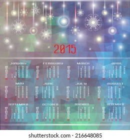 Vector calendar for 2015. Happy New Year. Christmas background with snowflakes and Christmas trees. llustration template design - calendar of 2015 with holidays icons. Calendar paper design