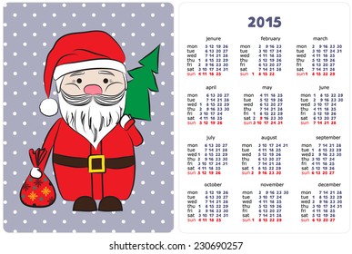 Vector calendar for 2015 Happy New Year. Christmas background with Santa Claus  in retro style. llustration template design. Calendar paper design. Vector 10 EPS