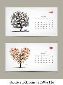 Vector calendar 2015, january and february months. Art tree design. Vector illustration