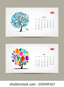 Vector calendar 2015, march and april months. Art tree design. Vector illustration