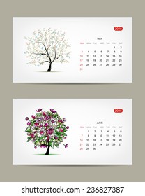 Vector calendar 2015, may and june months. Art tree design. Vector illustration