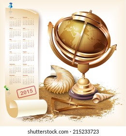 Vector calendar for 2015 with navigational and geographical tools
