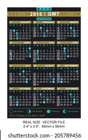 vector calendar 2015 with Phases of the moon/ GMT REAL SIZE: 2.4" x 3.5",  60mm x 90mm