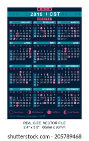 vector calendar 2015 with Phases of the moon/ CST REAL SIZE: 2.4" x 3.5",  60mm x 90mm