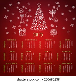 Vector calendar for 2015 in sketch style. Merry Christmas and Happy New Year. llustration template design - calendar of 2015 with holidays icons. Calendar paper design. Vector illustration