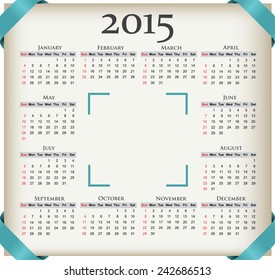 Vector calendar 2015.Calendar with ribbons and place for photo.