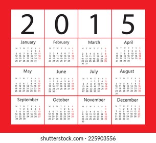 Vector calendar 2015.Week start with monday.