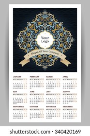 Vector Calendar for 2016 with bright ornate illustration in Eastern Style. Template with floral decor backgrounds. Week Starts Monday. Layered, easy to use.