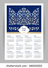 Vector Calendar for 2016 with bright ornate illustration in Eastern Style. Template with floral decor backgrounds. Place for your text. Week Starts Sunday. Layered, easy to use.