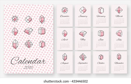 Vector calendar 2016. Card with pink geometric crystal.