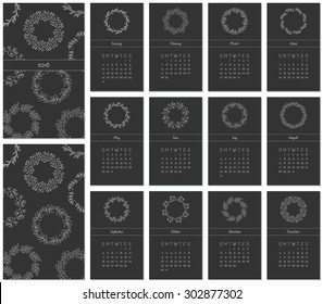 Vector calendar 2016 with elegance hand drawn wreaths. 