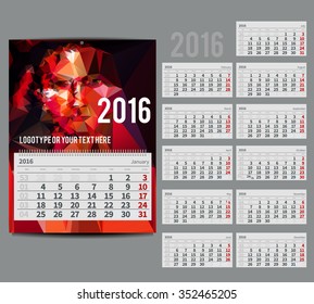 Vector calendar 2016 - mono, Planner for one month includes space for your  text. with abstract face in a triangular style