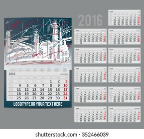 Vector calendar 2016 - mono, Planner for one month includes space for your  text. with abstract futuristic town sketch style  