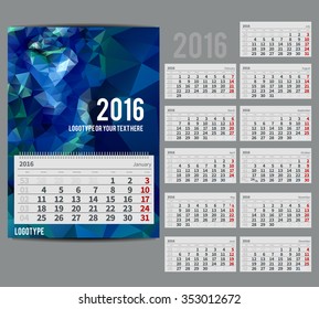 Vector calendar 2016 - mono, Planner for one month includes space for your  text. with abstract face in a triangular style